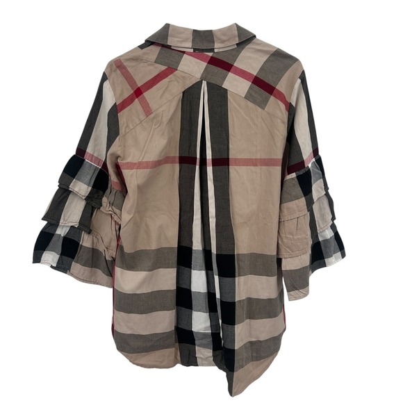 Plaid Ruffle Sleeve Blouse L Cotton Boho Casual Relaxed Artsy Earthy - Picture 7 of 9